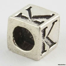 Letter K Charm Block Bead - Sterling Silver 925 Initial Fashion Jewelry Making