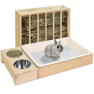 MOBYKE 3 in 1 Rabbit Hay Feeder with Litter Box, Wood, Mess Proof, for Guinea...