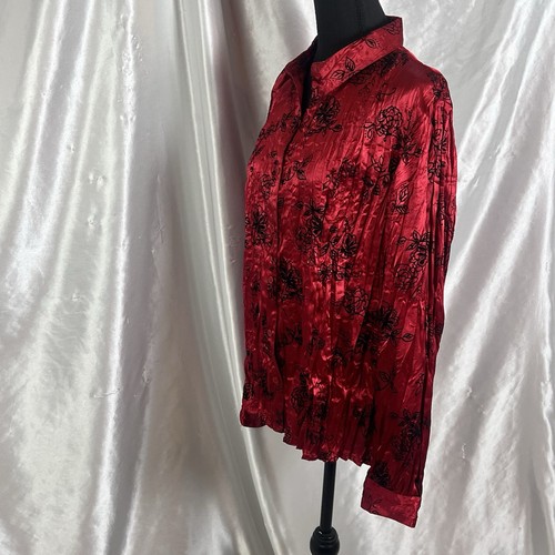 Rot Satin schwarz Blumen Jacquard Langarm Button Down Bluse-Größe 14 - Bild 7 von 9