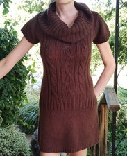 Brown Short Sleeve Cable Knit Cowl Neck Sweater Dress