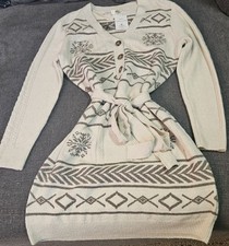Vestido Suéter Lucky Brand Copo de Nieve Jacquard Cinturón Cuello en V Crema Moca Grande Nuevo con Etiquetas