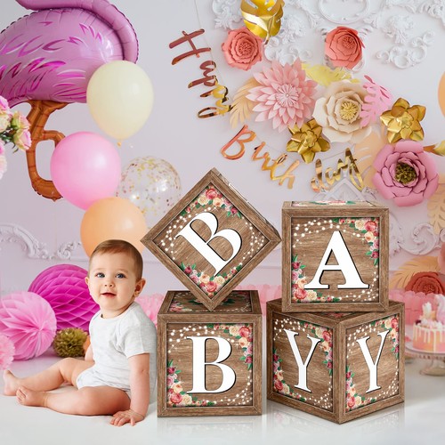 Floral Baby Shower Box Birthday Party Decoration Balloon Blocks First Birthda... - Picture 4 of 7