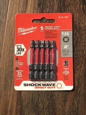 Milwaukee 48-32-4685  SHOCKWAVE Impact Duty 2'' Power Bits, T25 TORX (5 Pack)