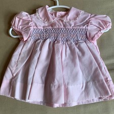 VTG 70s 80s Smocked Baby Dress 0  3 Month Pink Puff Sleeve Peter Pan Collar Lace