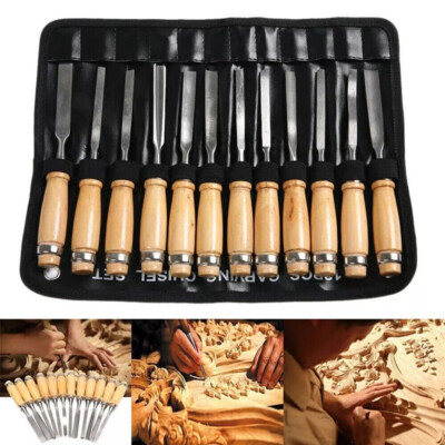 12Pcs Wood Carving Chisel Set Woodworking Lathe Gouges DIY Detailed Hand Tools