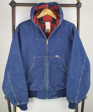 VTG CARHARTT 1989 100 Years Sz XL Mens Denim Bomber Jacket Buffalo Flannel Hood