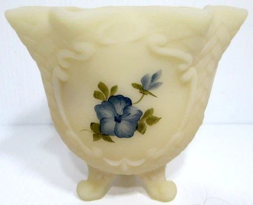 Vintage Fenton Custard Glass Vase Blue Dogwood on Cameo Satin 5 Petal 4 1/2" T