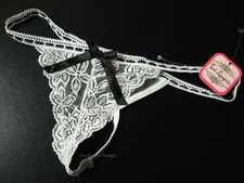 A0167 Teri Lingerie Embroidery Lace Inlay Satin Ribbon Insert Bow G-String White