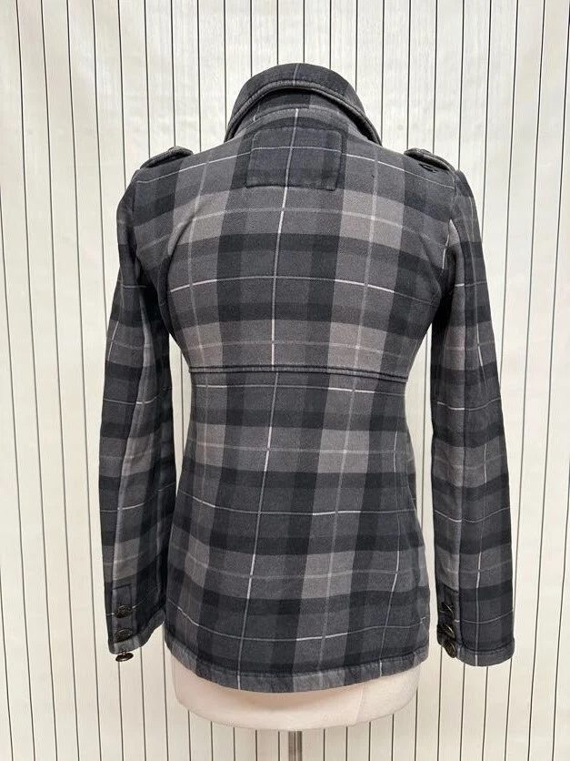Billabong 女式灰色纽扣混纺格子豌豆外套/夹克 S 码 — 第 3/4 张图片