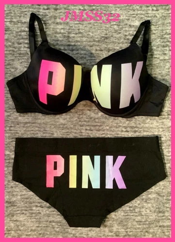 Victoria's Secret Pink Ombre Rainbow Push Up Bra + Hipster Panties Set 38D L