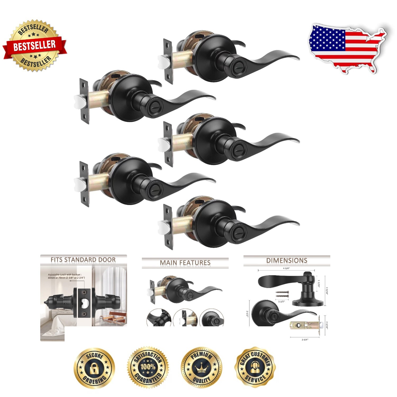 Modern Privacy Door Handles - 5 Pack Keyless Black Levers with Emergency Release-image