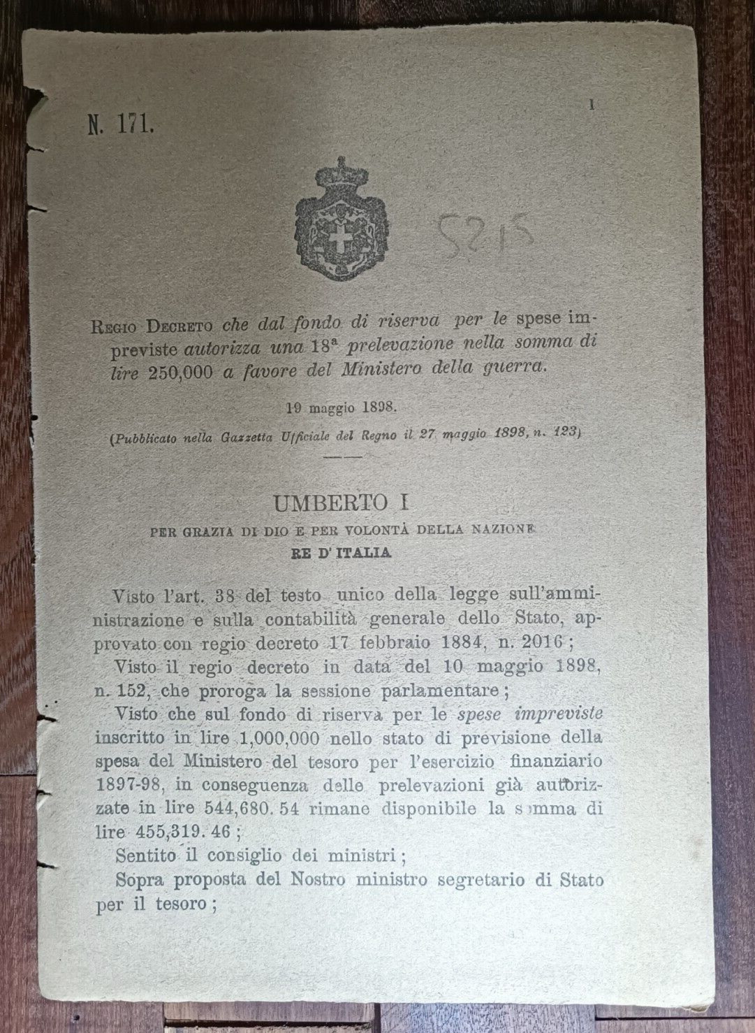 ITALIA 1898 REGIO DECRETO X PRELEVIO A FAVORE DEL MINISTERO DELLA GUERRA-5215