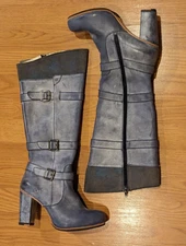 Women's CAT Caterpillar Tall Blue Leather Boots Heels WAXC Zip Shontelle  - 8