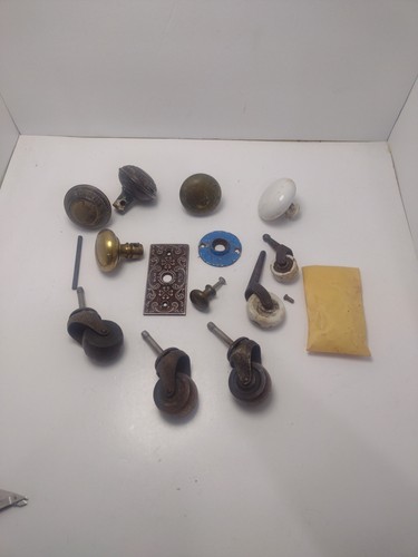 Lot of antique mixed door knobs, table rollers, Pack Of Bolts & Screws Home Item