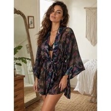 Vintage Victorias Secret Gold Label Navy Blue Paisley Kimono Sheer Robe One Size