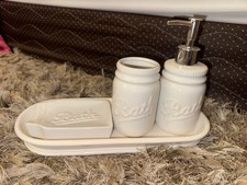 4 Piece White Ceramic Mason Jar Bathroom Set Embossed Bath Soap Dispenser Tray