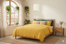 Linen Bedding Set in Mustrad Yallow 3 Piece Set 2 Pillowcases Duvet Cover Sat