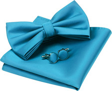 Mens Solid Color Double Fold Pre-tied Bow Tie and Pocket Square Cufflink Set wit