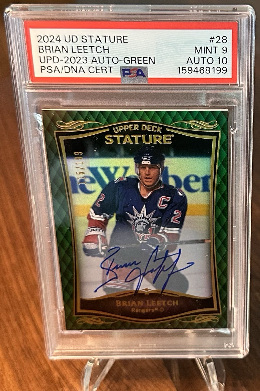 2024-25 UD Stature - Brian Leetch /199 - 2023-24 Update Auto Green - PSA 9/10