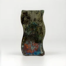 Raku Pottery Vase Crackle Glaze Iridescent Wavy 6” Brutalist Textured Decor