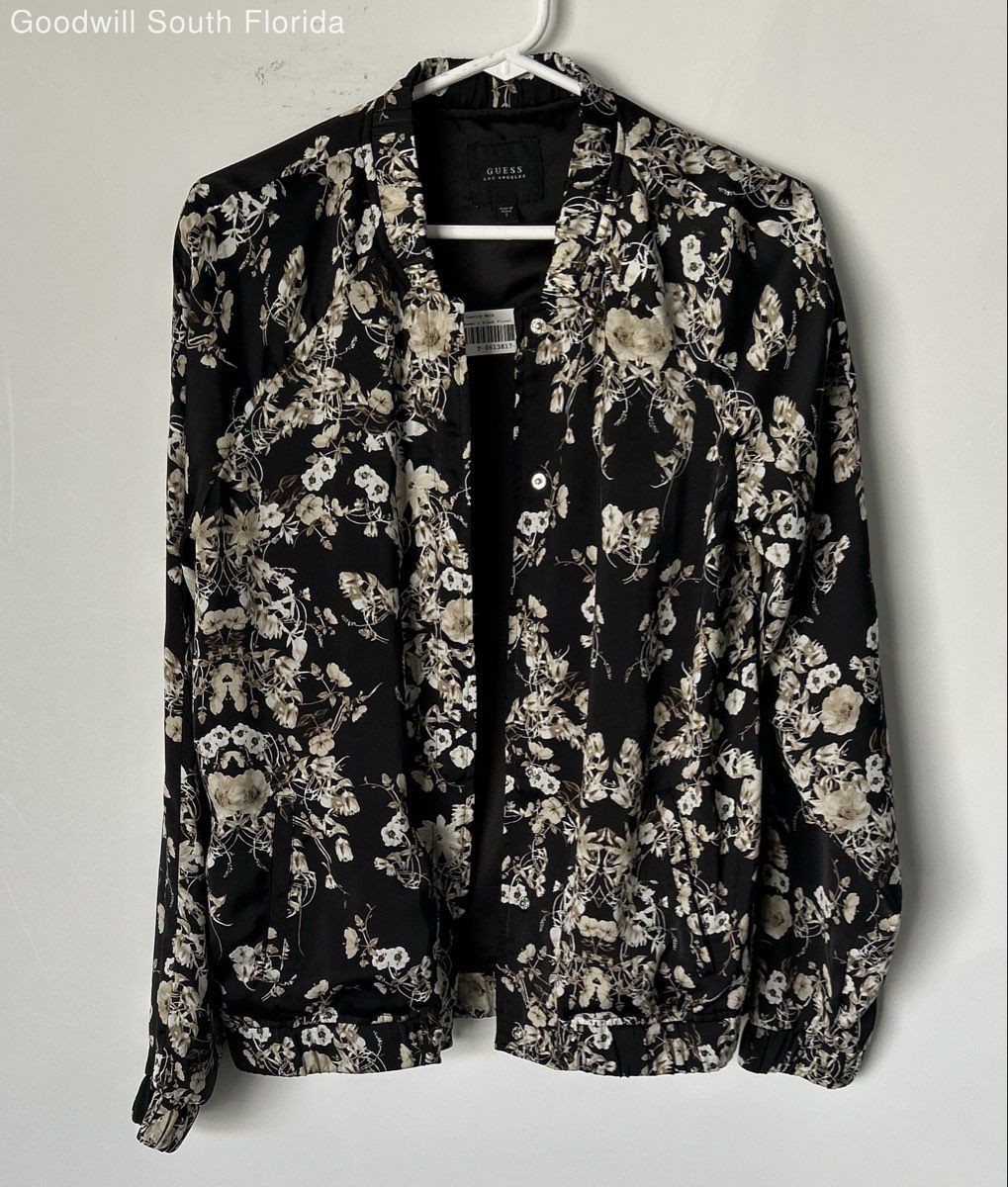 Guess Womens Black Floral Print Long Sleeve Snap Front Bomber Jacket Size S