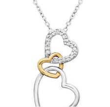 MACY's & CO. 18 KT GOLD OVER STERLING & GENUINE DIAMOND THREE HEARTS NECKLACE