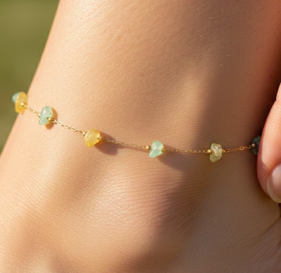 Boho Minimalist Gold Tone Anklet Emerald & Topaz Color Stone Beads Anklet