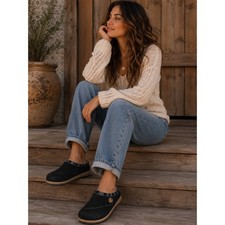 Earth Origins Black Suede Faux Fur Lined Clogs Button Shoes Womens 9