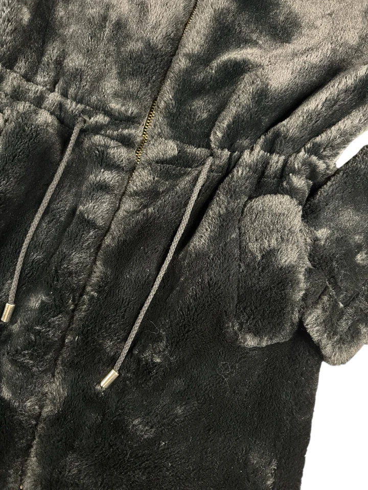 GB Abrigo Negro de Piel Sintética Para Mujer Cremallera Frontal Cordón Cintura Longitud Media Chaqueta Med Foto 2 de 4