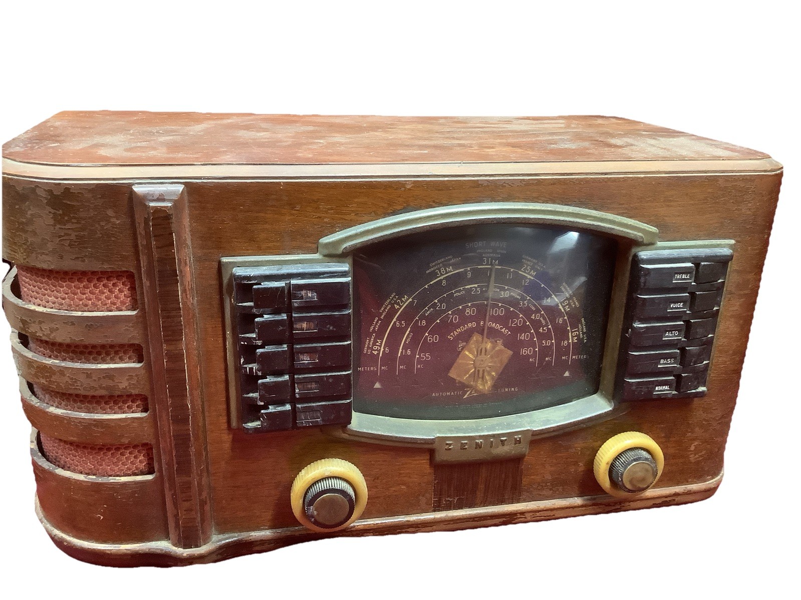 1942 ZENITH RADIO WOOD Model 7S633R Black Dial SW BC Multi Bands Automatic Solid