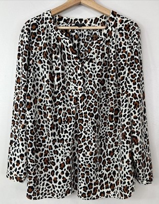 Talbots Animal Cheetah Print V Neck  Long Sleeve Popover Shirt Women s 2X Petite