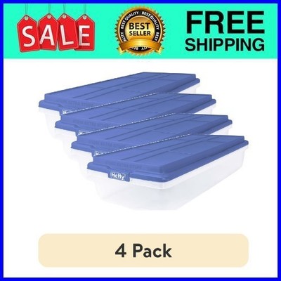 (4 pack) Hefty HI-RISE 63 Quart Large Latching Storage Bin, Clear Plastic, Blue