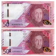 BANKNOTE PERÚ 50 SOLES MARIA ROSTWOROWSKI / JAGUAR. SET X 2 UND 2019 2021 UNC