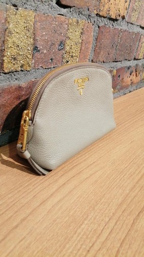 Prada Leather Pouch Gray Authentic Zip Closure Gold Hardware Jacquard Lining - Picture 3 of 6