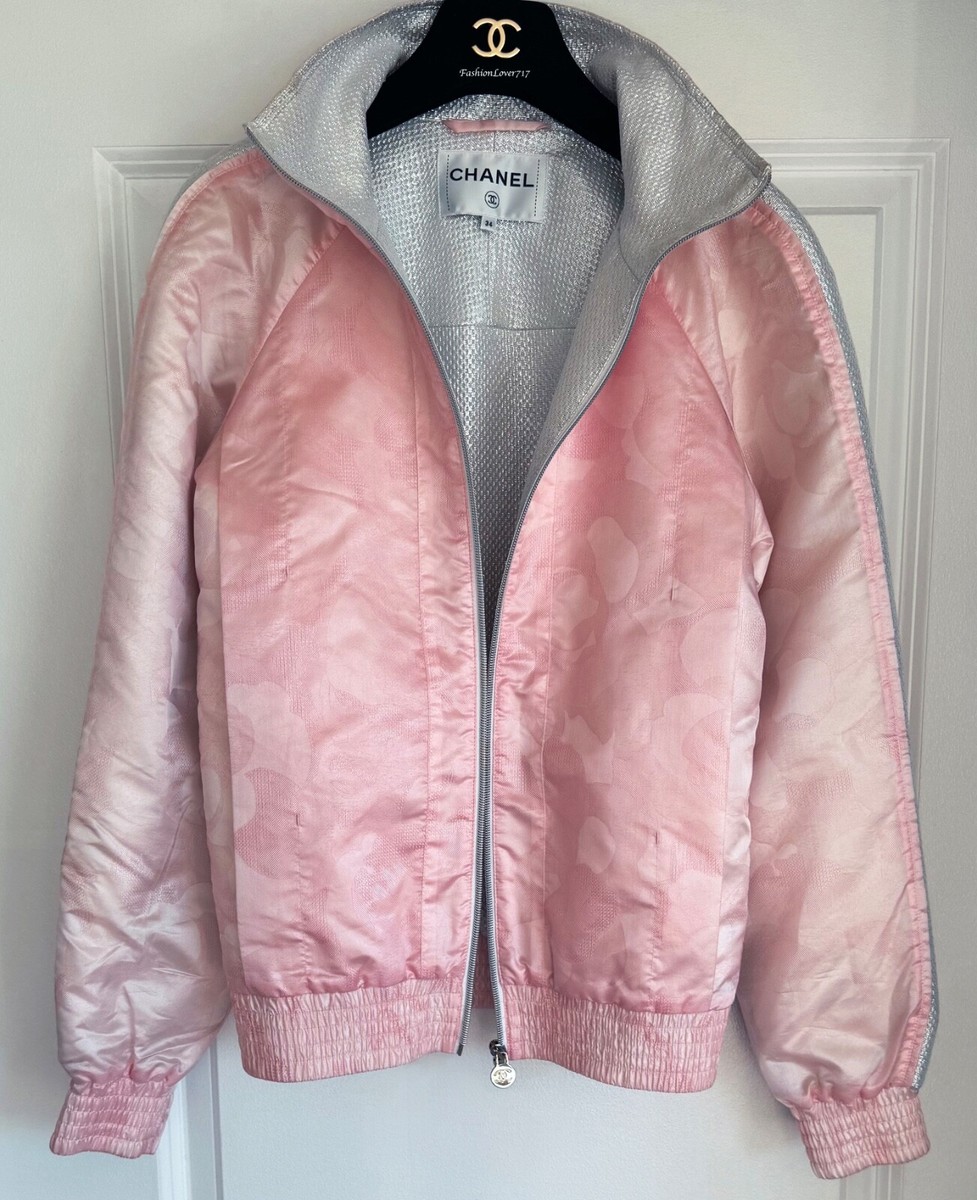 CHANEL 17P LIGHT PINK SILVER CC LOGO BOMBER ZIP JACKET 34 XS