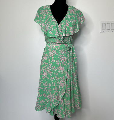Nwt Draper James RSVP Wrap Green Pink Floral Dress Ruffle V Neck Womens Size S