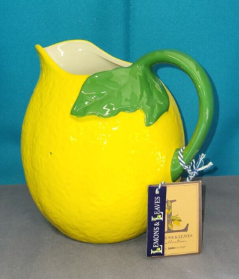 Home Essentials Yellow Lemon Stoneware Pitcher Green Handle Holds