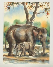 MOM ELEPHANT & baby Watercolor ART signed matted & framed fall colors VERY CUTE
