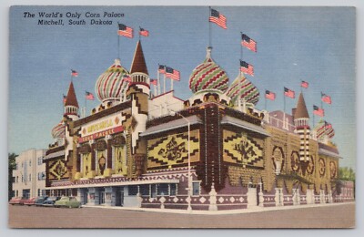 Worlds Only Corn Palace Mitchell South Dakota Linen Unposted Postcard Old Cars