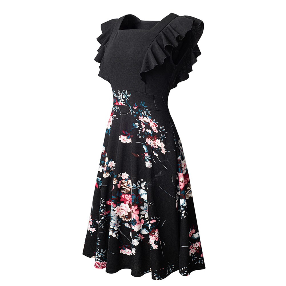 Élégante robe imprimée fleur noire pour soirées formelles design