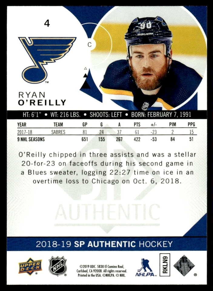 2018-19 SP Authentic Limited Red Ryan O'Reilly St. Louis Blues #4 . - Image 2 of 2