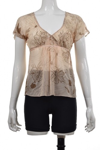 Theory Suze Womens Top Size S Beige Brown Floral Blouse Shirt Short Sleeve Silk