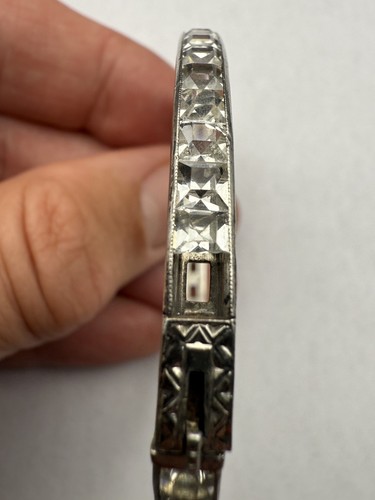 VINTAGE ART DECO 1910 STERLING PASTE HINGED ENGRAVED BRACELET CHANNEL SET E3 - Picture 7 of 18