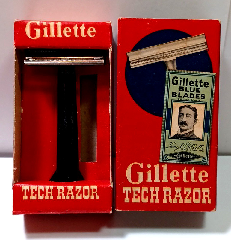 Gillette Tech Razor Near Mint 1952 W/ Gillette Logo Cap & Original Box JB7F