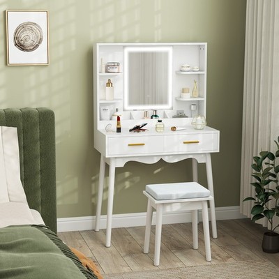 Schminktisch mit Spiegel und Hocker Schminktisch mit 3-farbigen LED-Leuchten weiß