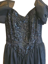 Vtg 80s Gunne Sax Jessica McClintock Off Shoulder Dress 3/4 Black Sequin Prom 