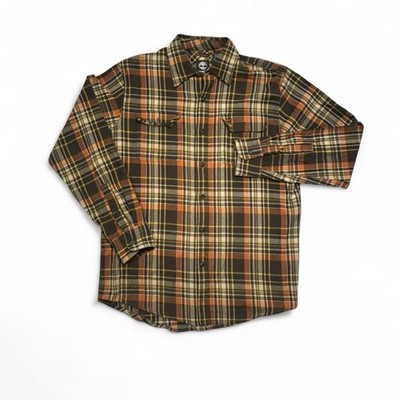 Timberland Shirt Sz M Mens Orange Plaid Button Up Top Long Sleeve Flannel Cabin