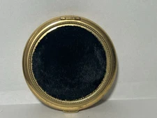 Vintage Brass Metal Round Compact Mirror with Black Velvet Made in USA 2.5 Inch