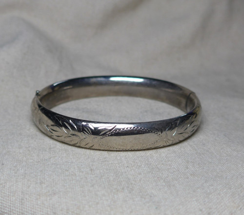 Vintage WEH Walter E Hayward Etched Bangle Sterling Silver Cuff Bracelet