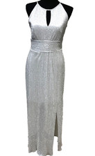 Silver Metallic Maxi Halter Keyhole Formal Prom Cocktail Dress Sz 8 Glam Holiday